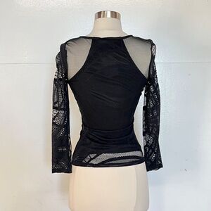 Guess Mesh Lace Long Sleeve Fitted Tee Top Black